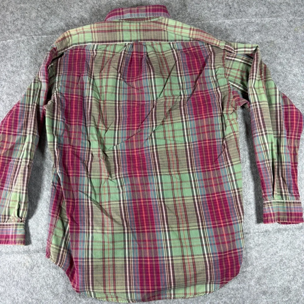 Ralph Lauren Plaid Button Down Mens M Green Burgundy Long Sleeve Cotton Shirt